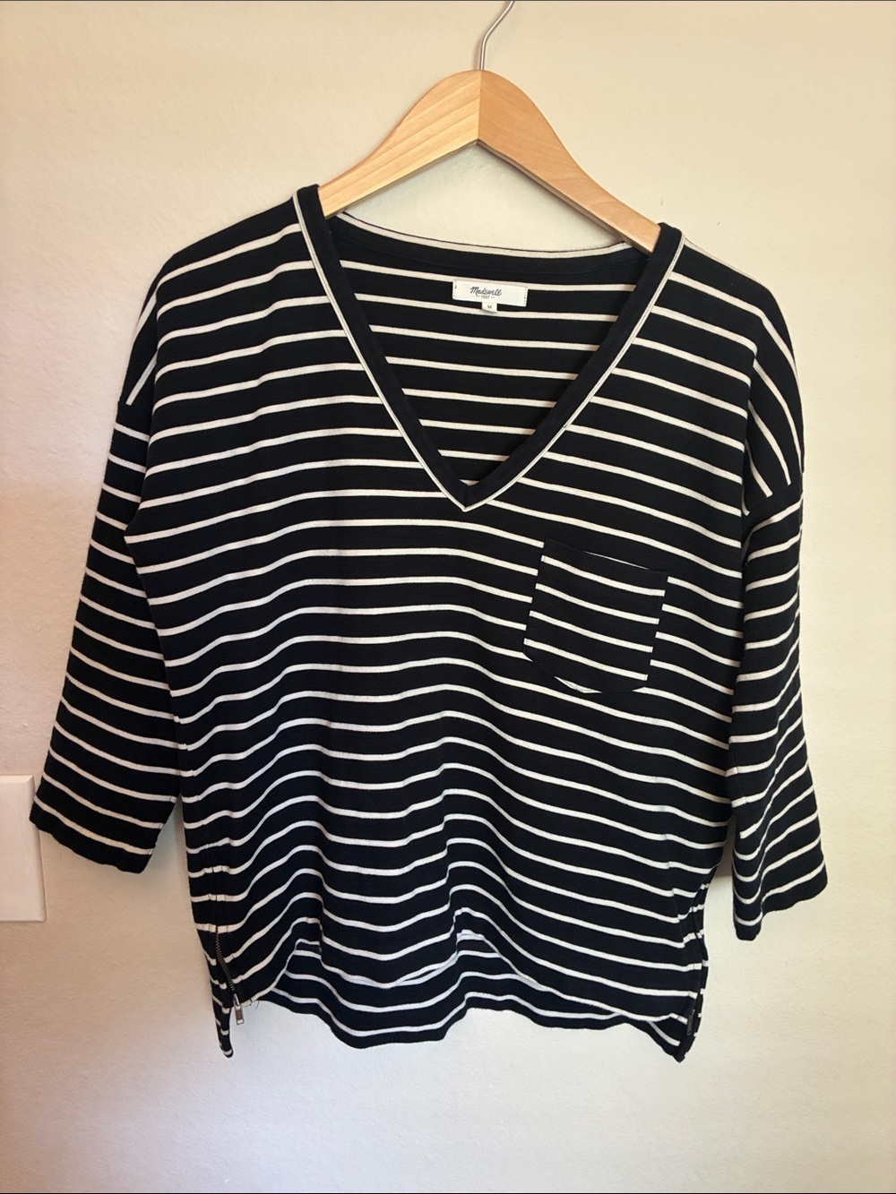 Madewell Side-Zip Slub Ponte Striped V-Neck Pocket Top M